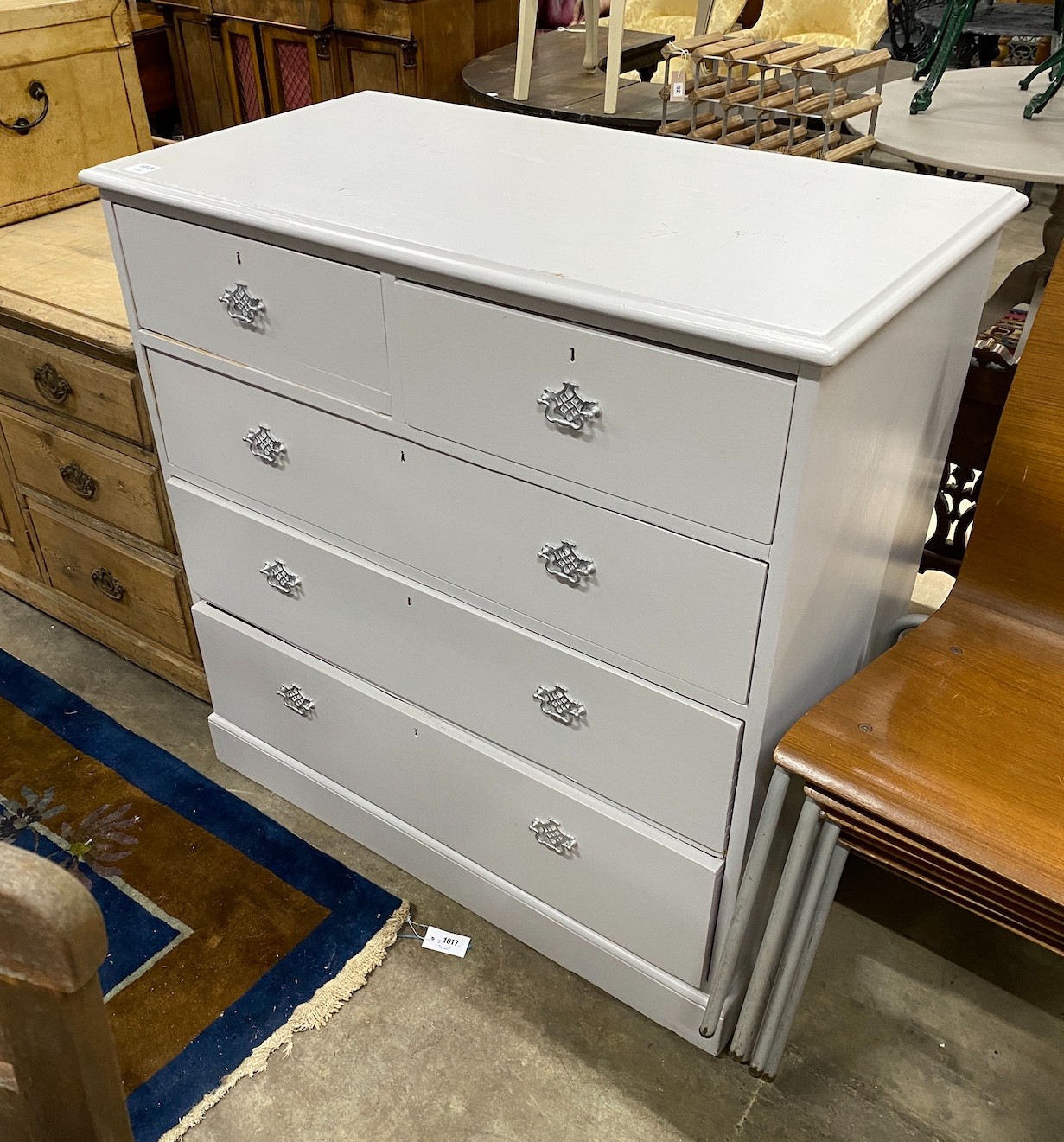 An Edwardian, later grey painted, pine chest, width 107cm height 107cm